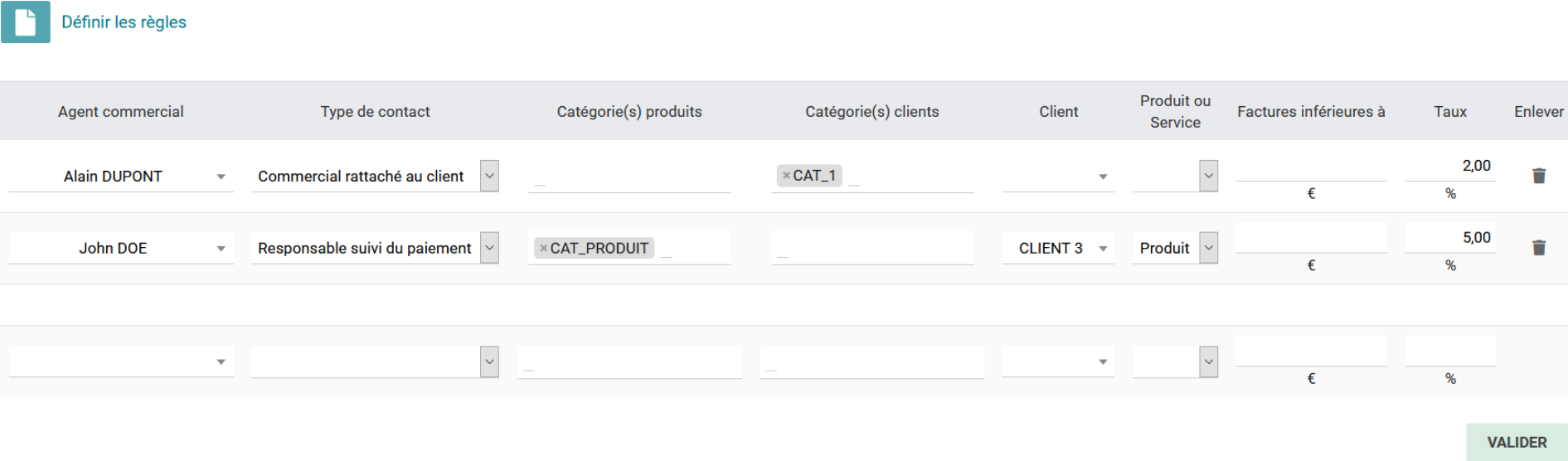 Page de détermination des règles