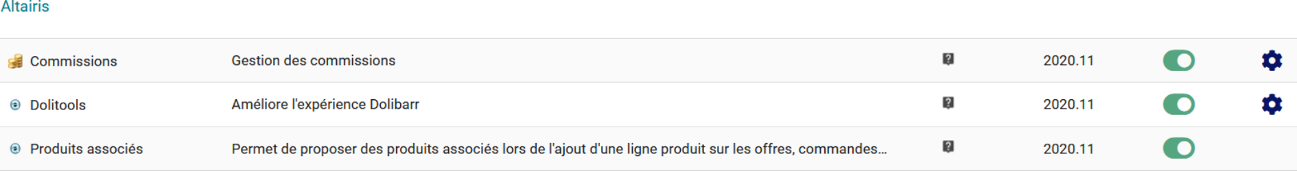 Extrait de la liste des modules
