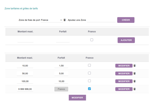 Grille tarifaire du module Frais de port, s'il est utilisé pour calculer les frais par rapport au montant de la commande client.